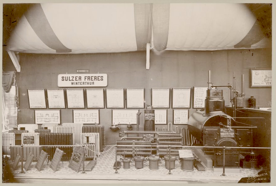 Enlarged view: Stand of the Sulzer brothers at the Swiss National Exhibition, Geneva, 1896, collodion paper print, 250x375mm. © Sammlung Fotostiftung Schweiz.