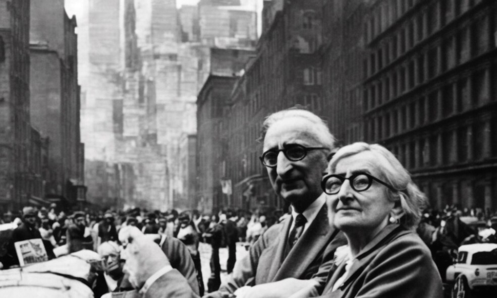 Vergrösserte Ansicht: Friedrich Hayek and Jane Jacobs are having a discussion. AI generated image